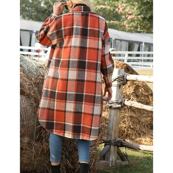 Women's Wool Blend Plaid Shacket Long Jacket Pockets Fall Winter - Picture 4 of 6